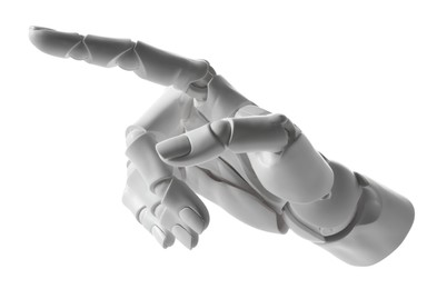 Photo of Artificial intelligence. Robot hand pointing at something on white background