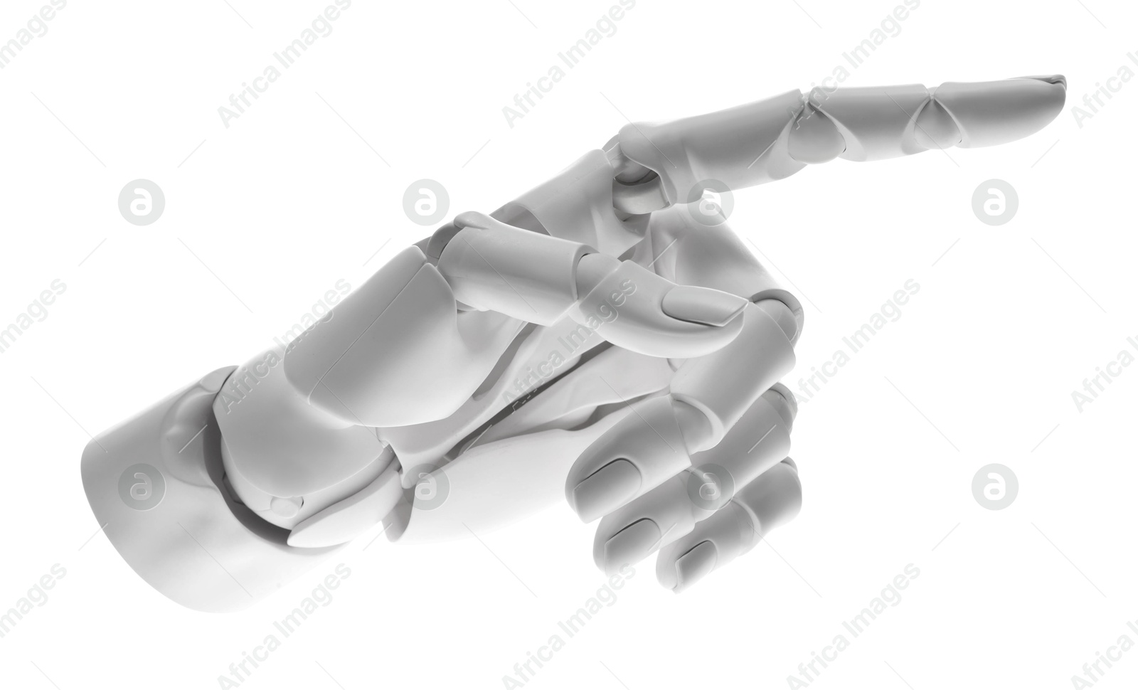 Photo of Artificial intelligence. Robot hand pointing at something on white background