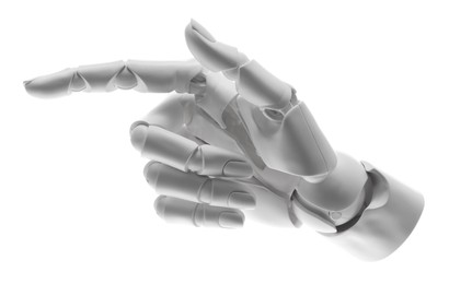 Photo of Artificial intelligence. Robot hand pointing at something on white background