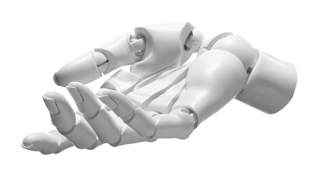 Photo of Artificial intelligence. Robot hand gesturing on white background