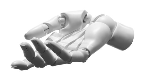 Photo of Artificial intelligence. Robot hand gesturing on white background