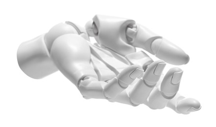 Photo of Artificial intelligence. Robot hand gesturing on white background