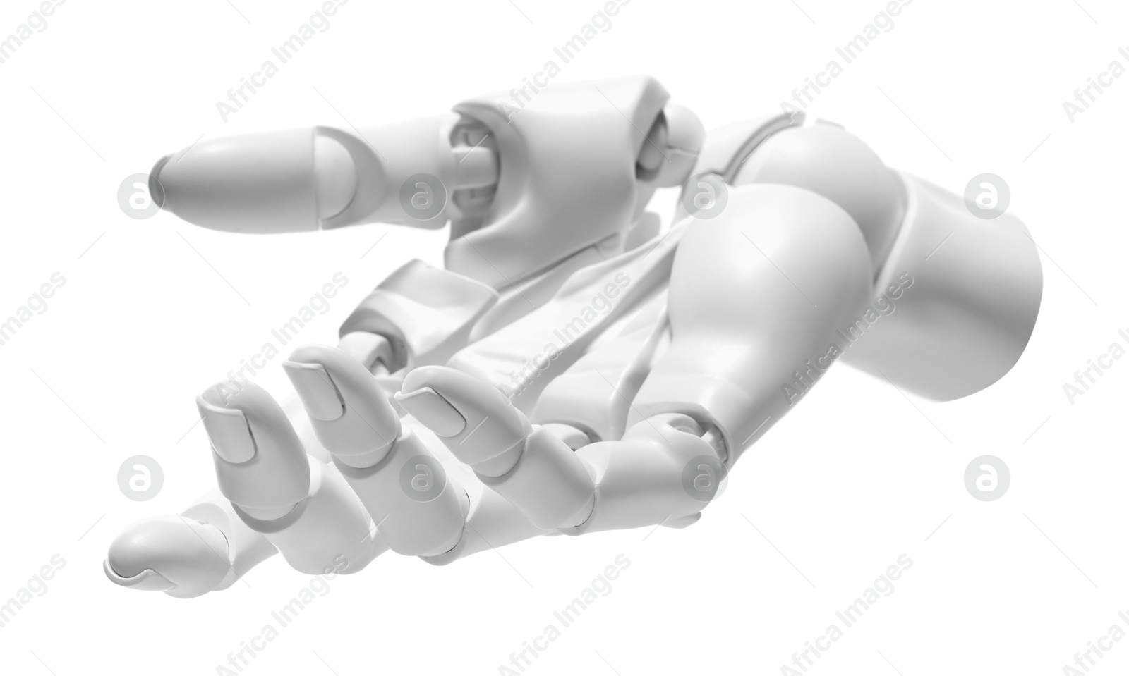 Photo of Artificial intelligence. Robot hand gesturing on white background