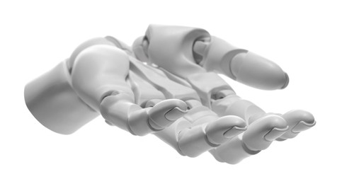 Photo of Artificial intelligence. Robot hand gesturing on white background