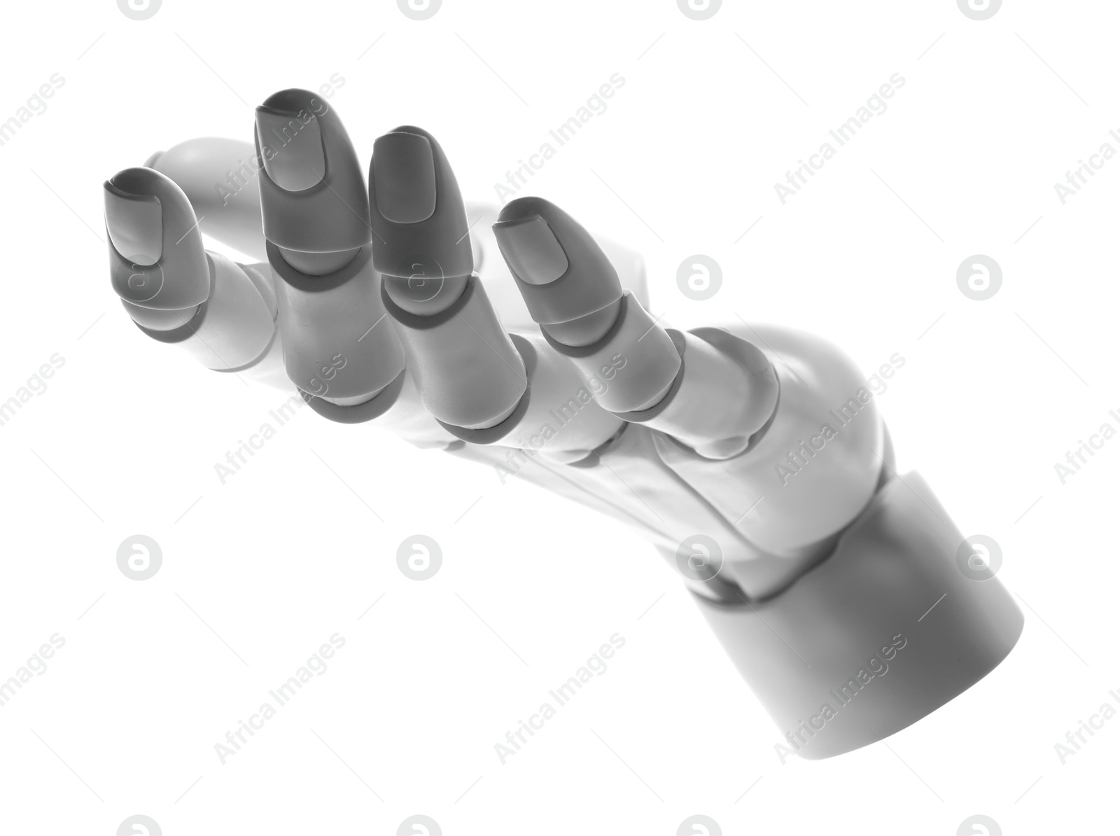 Photo of Artificial intelligence. Robot hand gesturing on white background