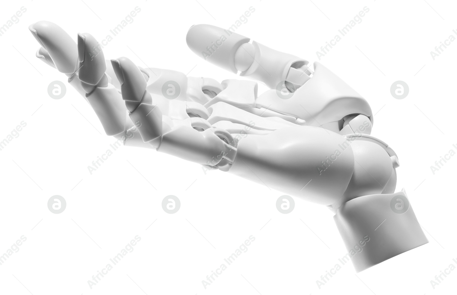 Photo of Artificial intelligence. Robot hand gesturing on white background