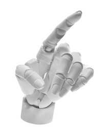 Photo of Artificial intelligence. Robot hand pointing at something on white background