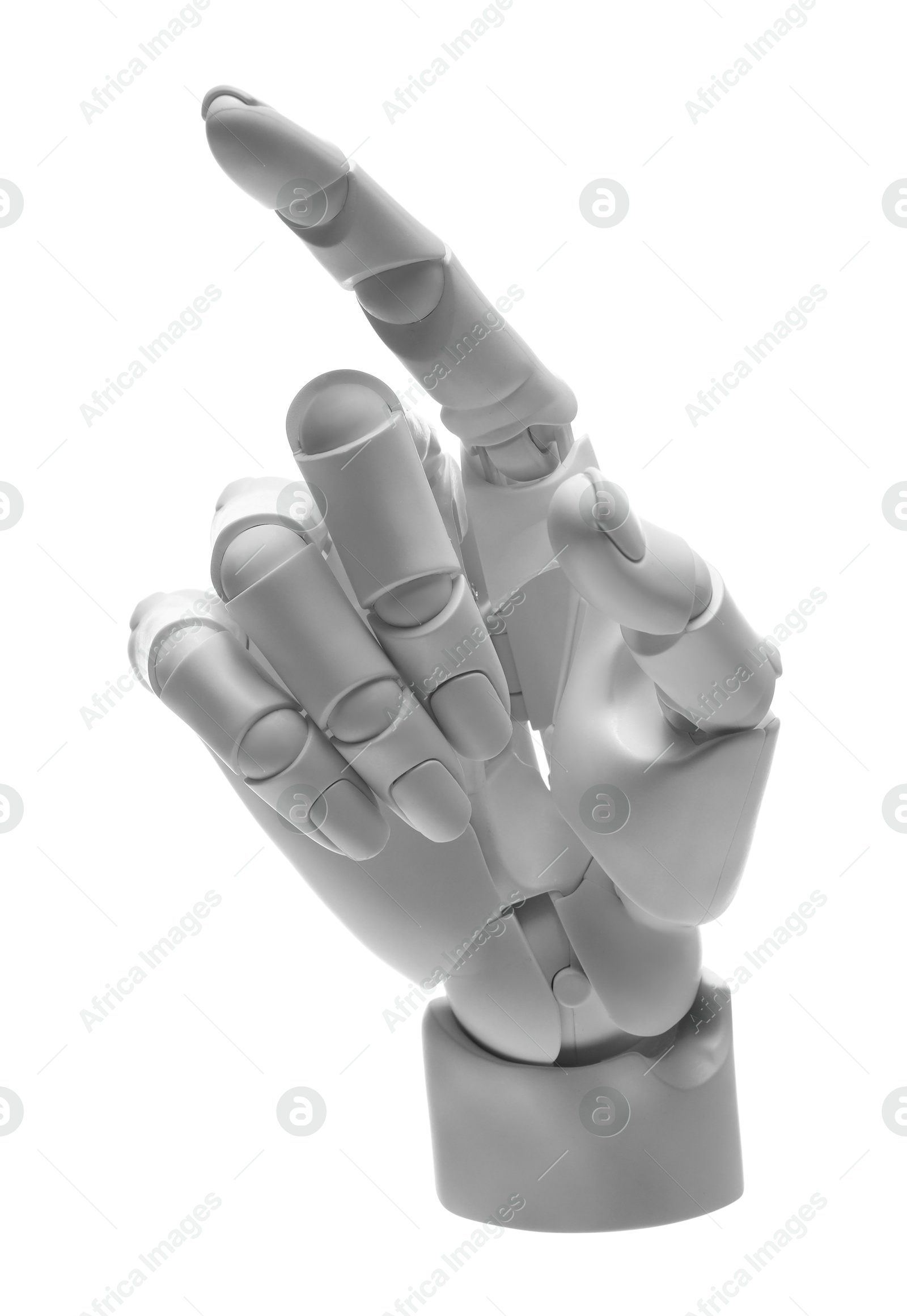 Photo of Artificial intelligence. Robot hand pointing at something on white background