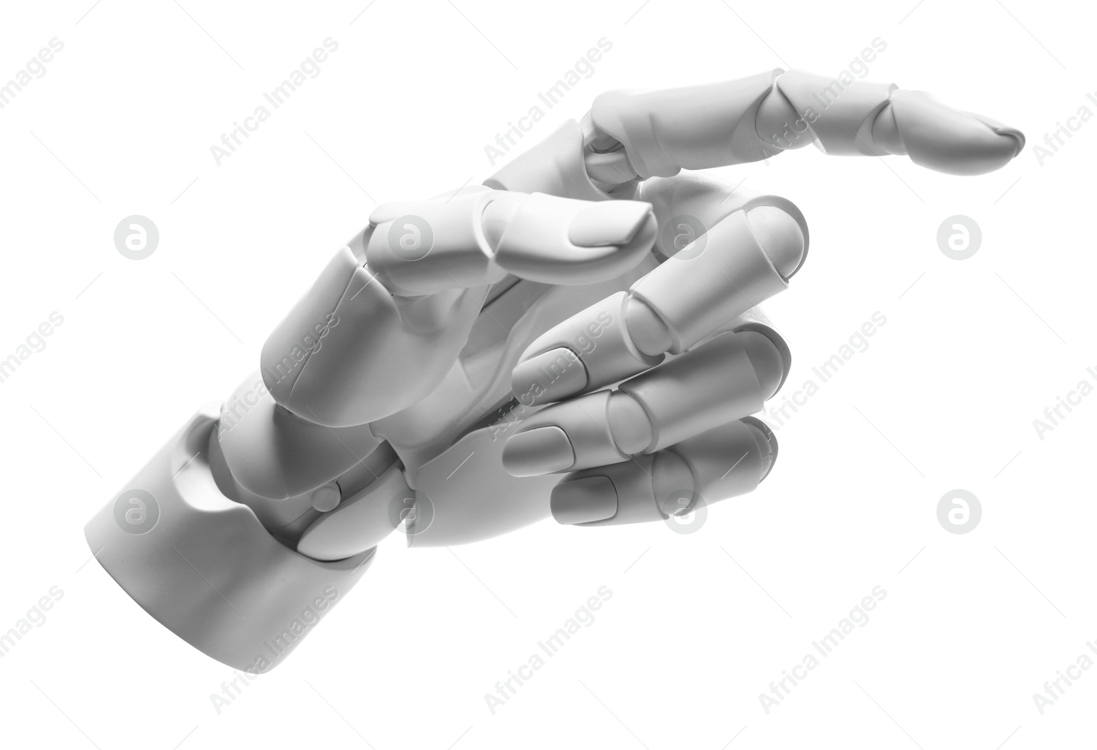 Photo of Artificial intelligence. Robot hand pointing at something on white background