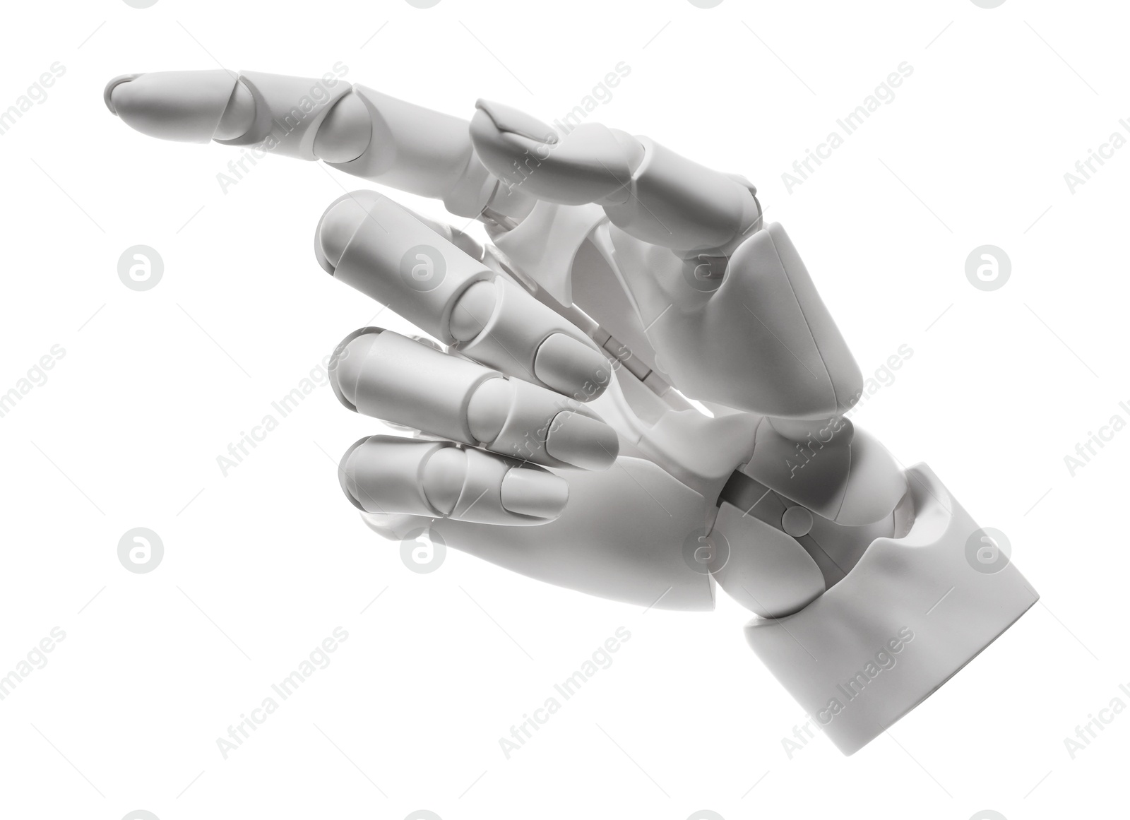 Photo of Artificial intelligence. Robot hand pointing at something on white background