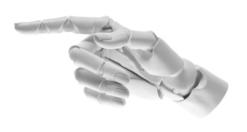 Photo of Artificial intelligence. Robot hand pointing at something on white background