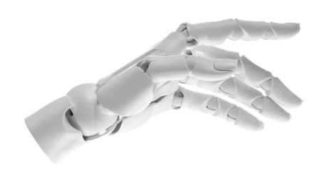 Photo of Artificial intelligence. Robot hand gesturing on white background