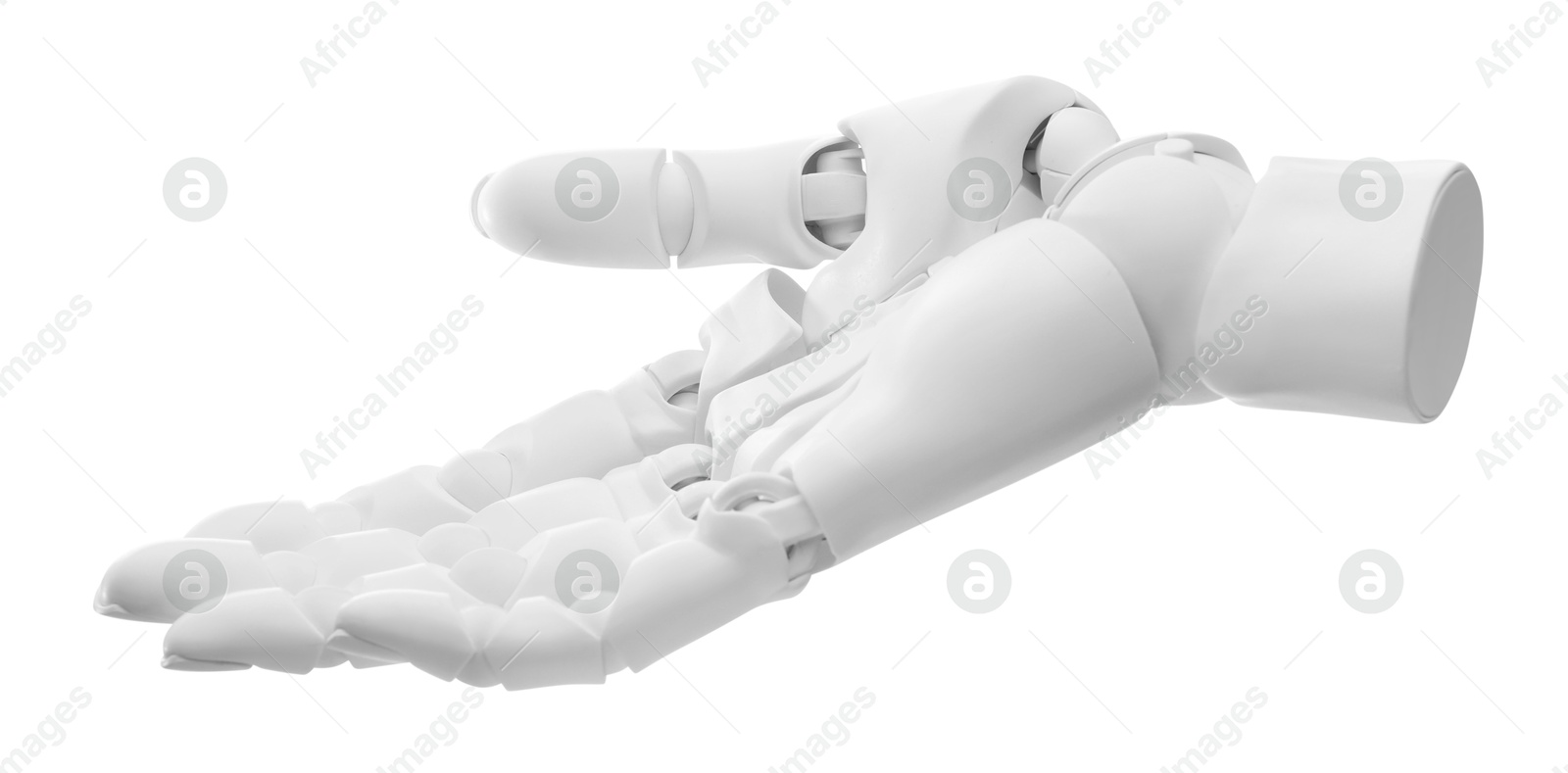 Photo of Artificial intelligence. Robot hand gesturing on white background