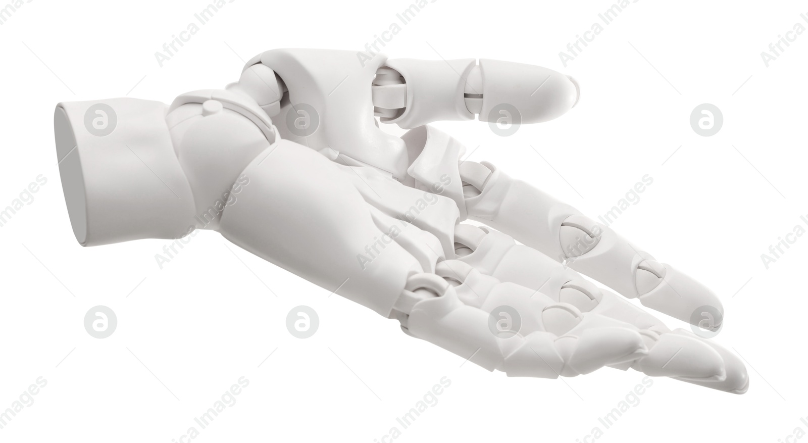 Photo of Artificial intelligence. Robot hand gesturing on white background