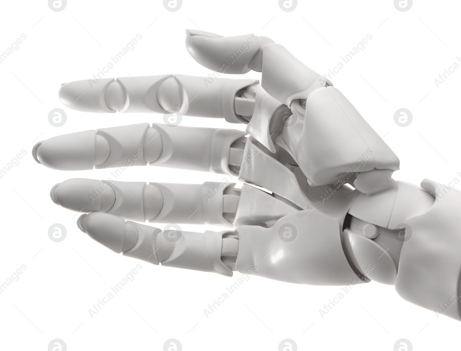 Photo of Artificial intelligence. Robot hand gesturing on white background