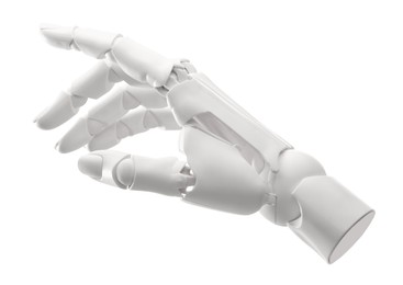 Photo of Artificial intelligence. Robot hand gesturing on white background