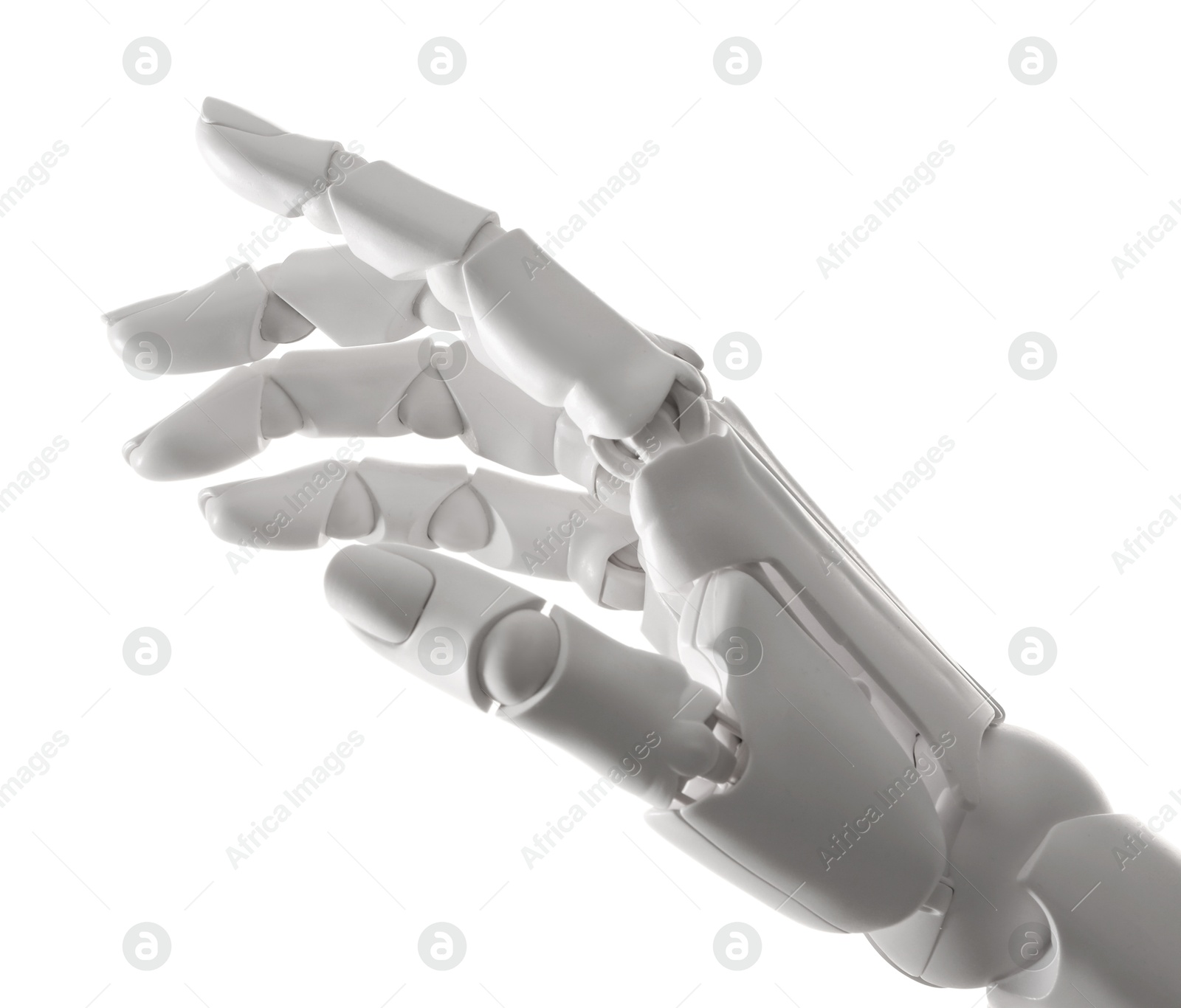 Photo of Artificial intelligence. Robot hand gesturing on white background