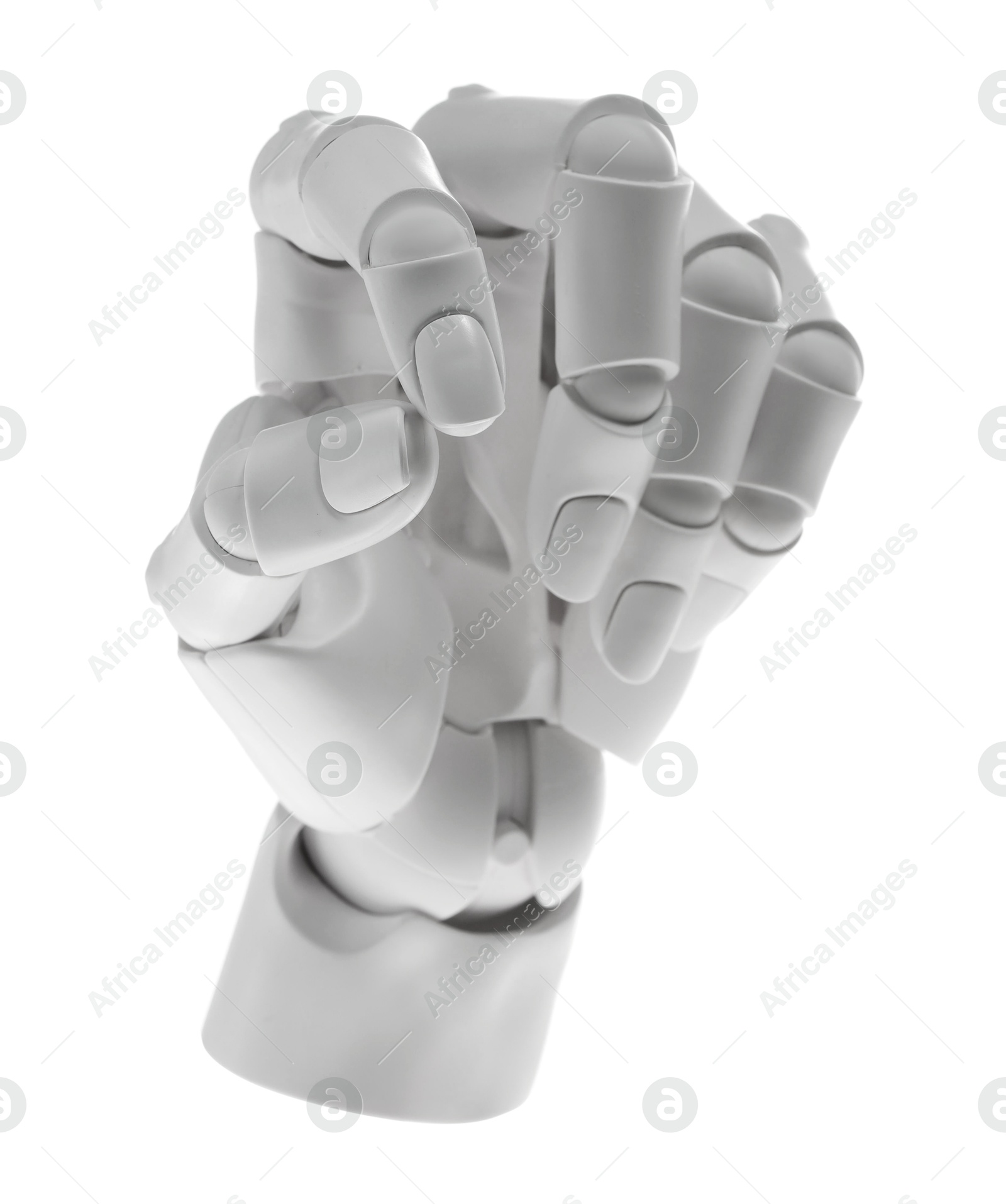 Photo of Artificial intelligence. Robot hand gesturing on white background