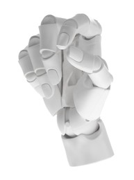 Photo of Artificial intelligence. Robot hand gesturing on white background