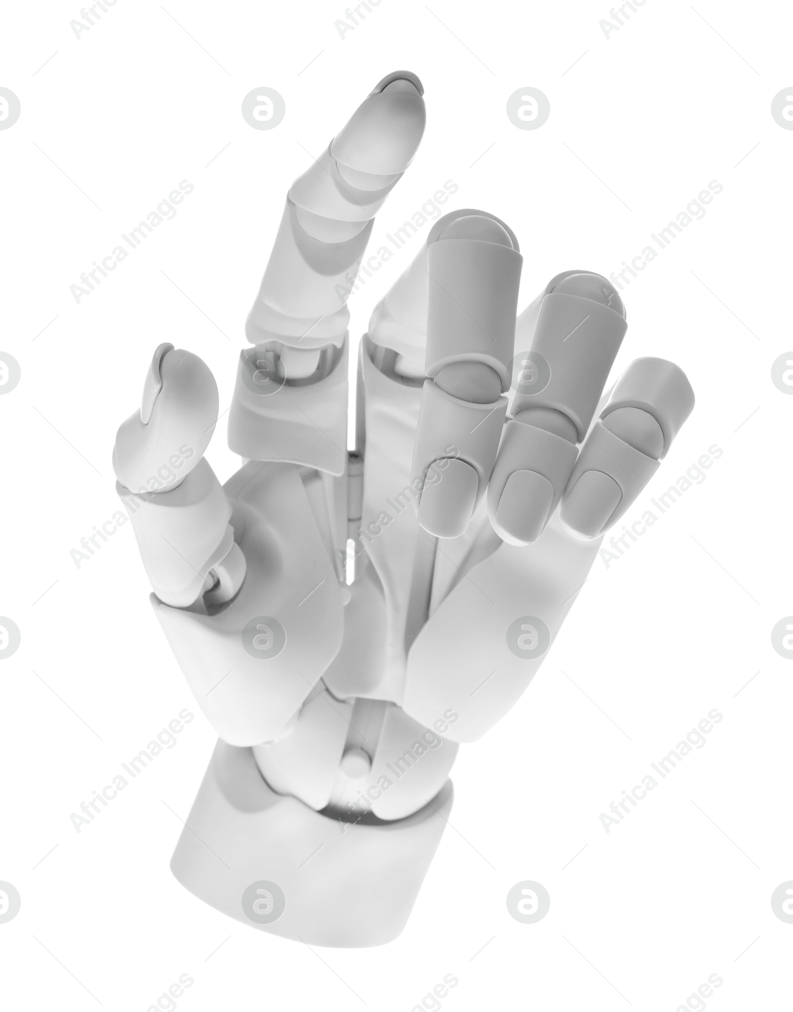 Photo of Artificial intelligence. Robot hand pointing at something on white background