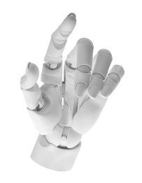 Photo of Artificial intelligence. Robot hand pointing at something on white background