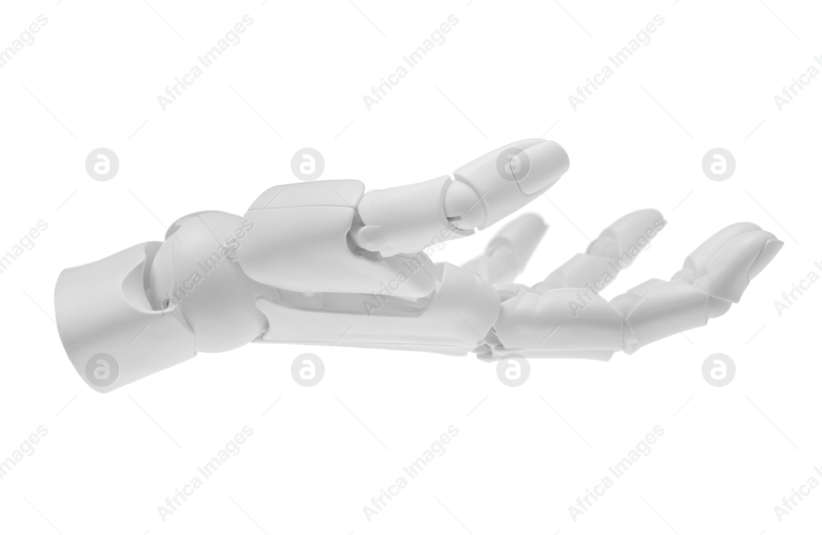 Photo of Artificial intelligence. Robot hand gesturing on white background