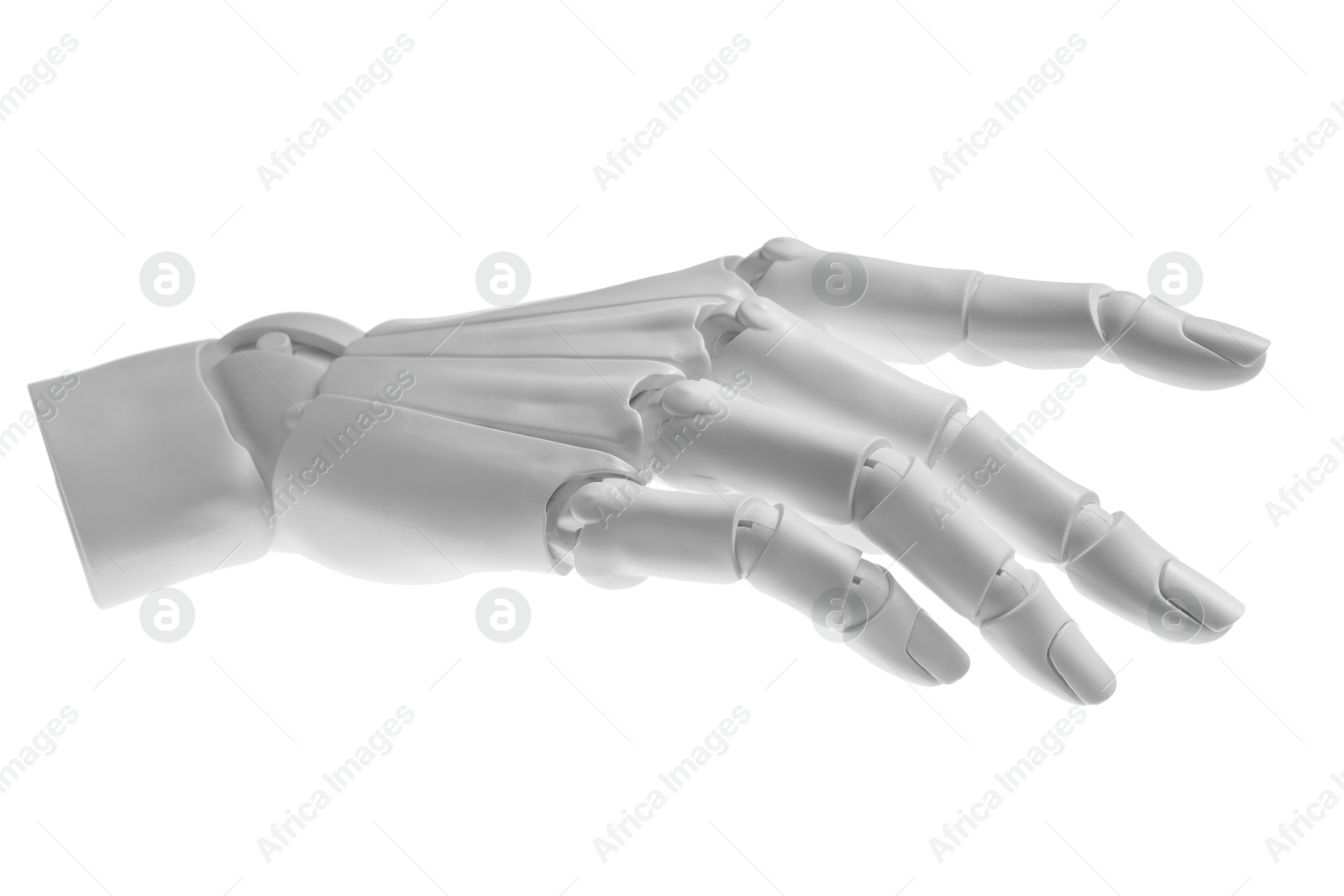 Photo of Artificial intelligence. Robot hand gesturing on white background