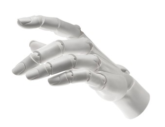 Photo of Artificial intelligence. Robot hand gesturing on white background