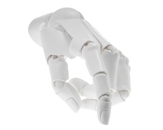 Photo of Artificial intelligence. Robot hand pointing at something on white background