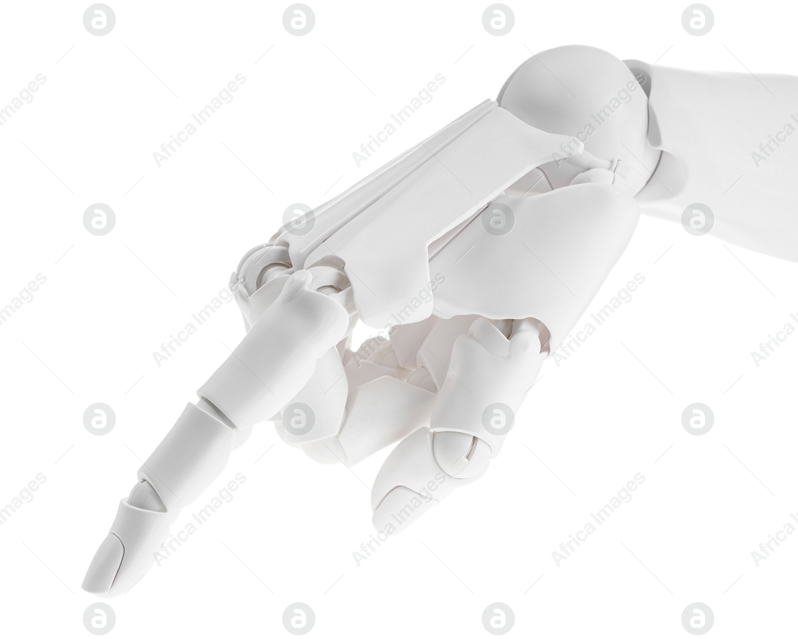 Photo of Artificial intelligence. Robot hand pointing at something on white background