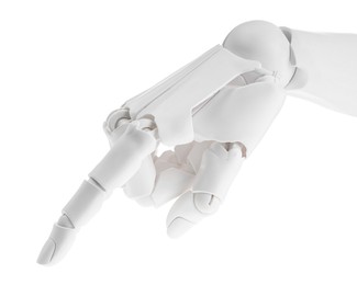 Photo of Artificial intelligence. Robot hand pointing at something on white background