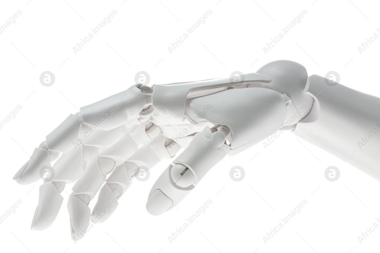 Photo of Artificial intelligence. Robot hand gesturing on white background