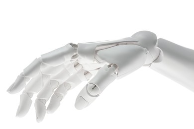 Photo of Artificial intelligence. Robot hand gesturing on white background