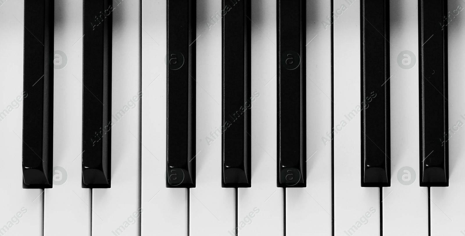 Image of Piano keyboard with black and white keys, top view. Banner design