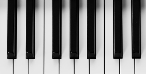 Image of Piano keyboard with black and white keys, top view. Banner design