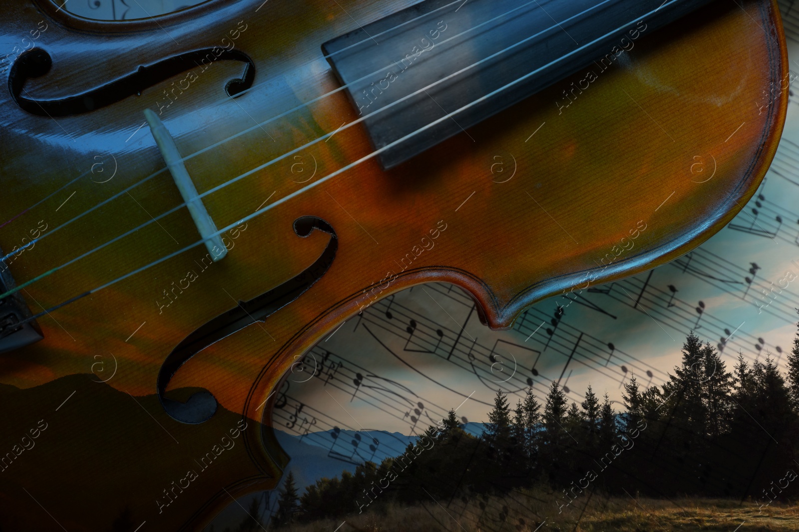 Image of Violin, musical sheets and beautiful mountain landscape, double exposure. Inspiring or relaxing power of music