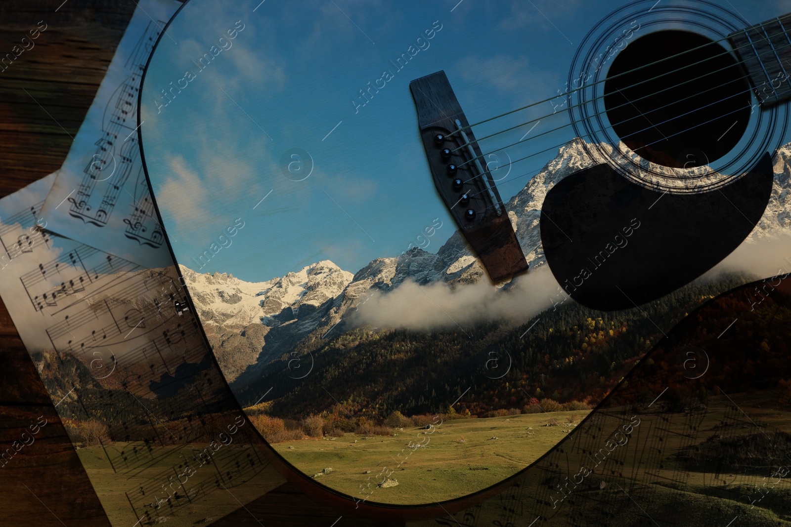 Image of Acoustic guitar, music sheets and beautiful mountain landscape, double exposure. Inspiring or relaxing power of music