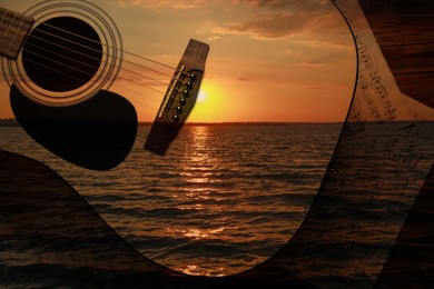 Image of Acoustic guitar, music sheets and beautiful seascape at sunset, double exposure. Inspiring or relaxing power of music