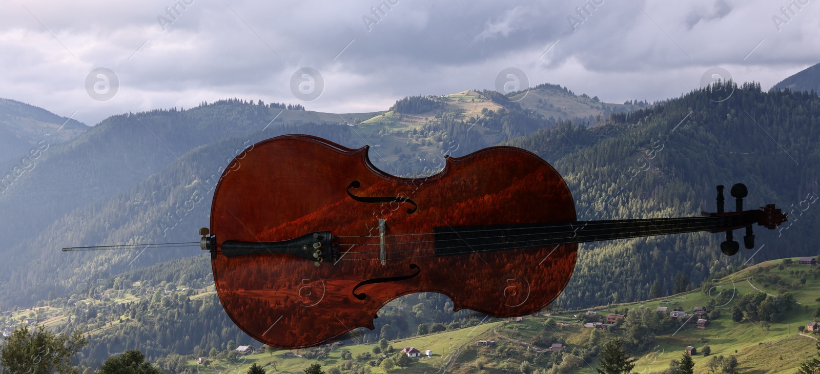 Image of Violoncello and beautiful mountain landscape, double exposure. Inspiring or relaxing power of music. Banner design