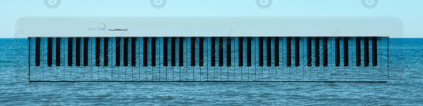 Image of Synthesizer and beautiful seascape, double exposure. Inspiring or relaxing power of music. Banner design