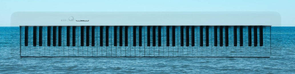 Image of Synthesizer and beautiful seascape, double exposure. Inspiring or relaxing power of music. Banner design