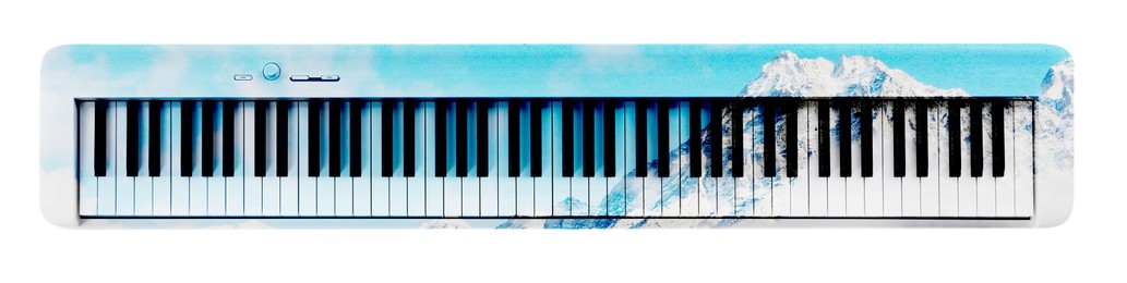 Image of Synthesizer and beautiful mountain landscape on white background, double exposure. Inspiring or relaxing power of music. Banner design