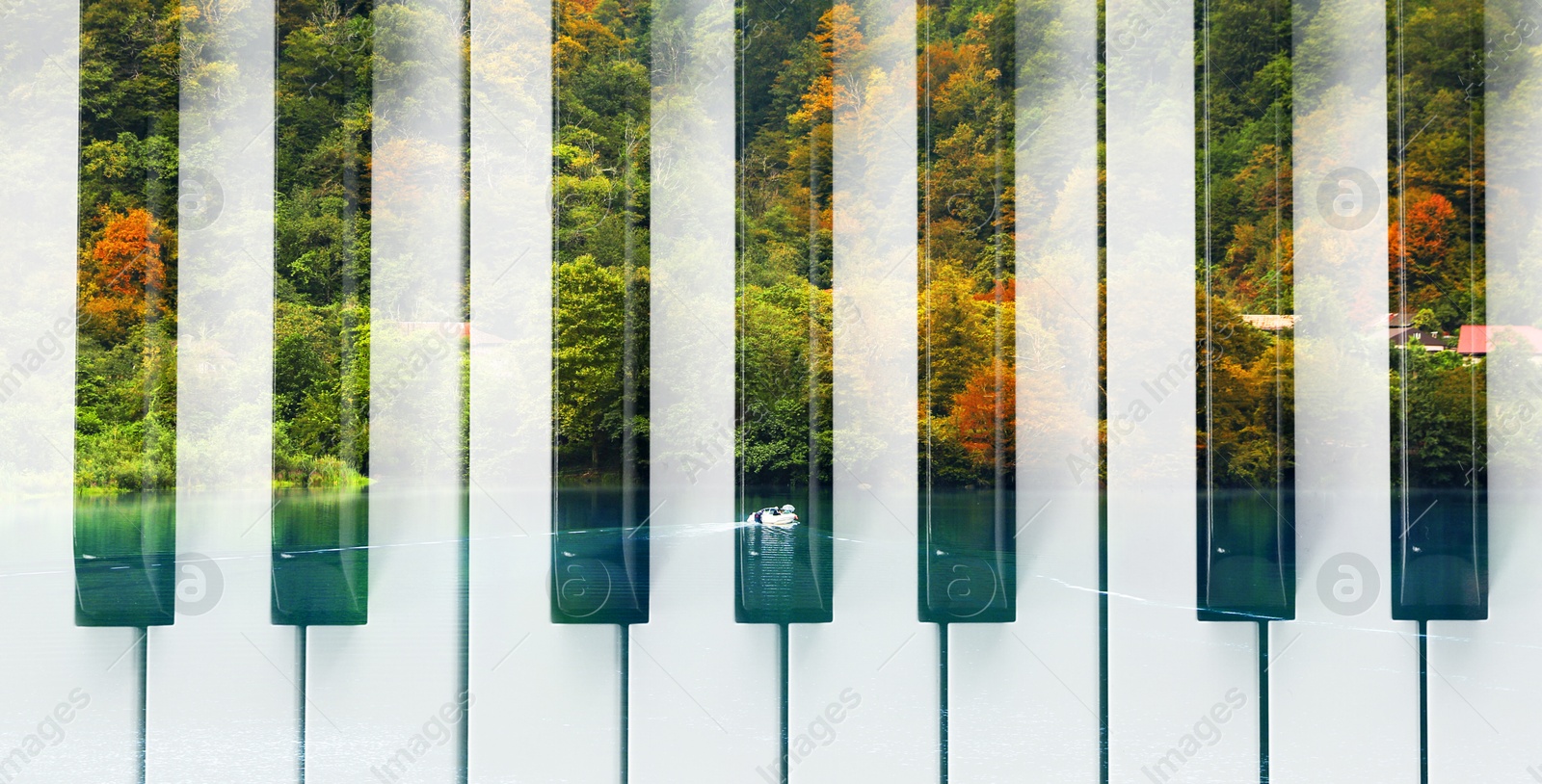 Image of Piano keyboard and beautiful landscape, double exposure. Inspiring or relaxing power of music. Banner design