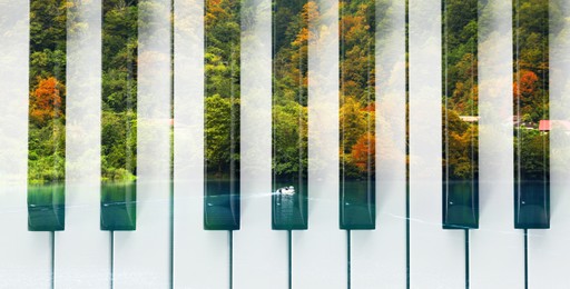 Image of Piano keyboard and beautiful landscape, double exposure. Inspiring or relaxing power of music. Banner design