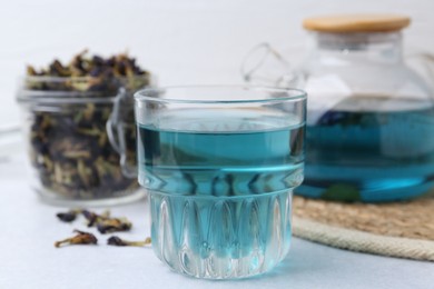 Delicious butterfly pea flower tea on light table