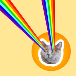 Image of Cat shooting with rainbow lasers from eyes on beige background. Stylish poster