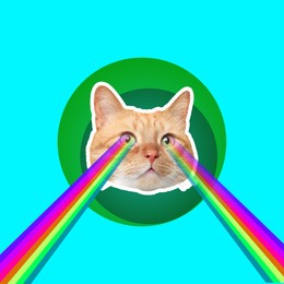 Image of Cat shooting with rainbow lasers from eyes on turquoise background, creative collage. Stylish poster