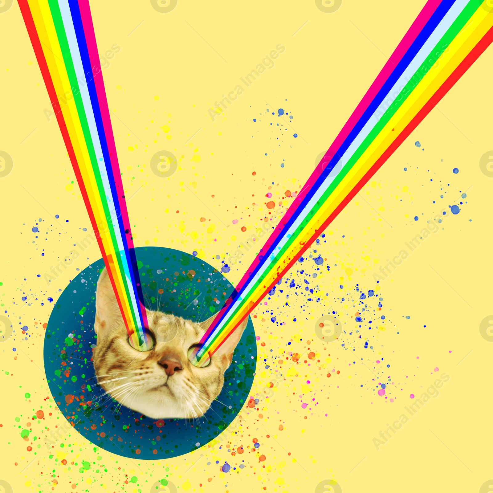 Image of Cat shooting with rainbow lasers from eyes on beige background, creative collage. Stylish poster