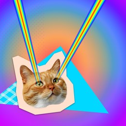 Image of Rainbow lasers shooting from cat's eyes on colorful background, creative collage. Stylish poster