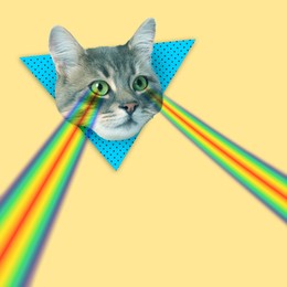 Image of Cat shooting with rainbow lasers from eyes on beige background, creative collage. Stylish poster